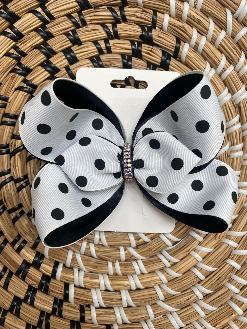 Black & White Polka Dot Hair Bow with Rhinestone Accent